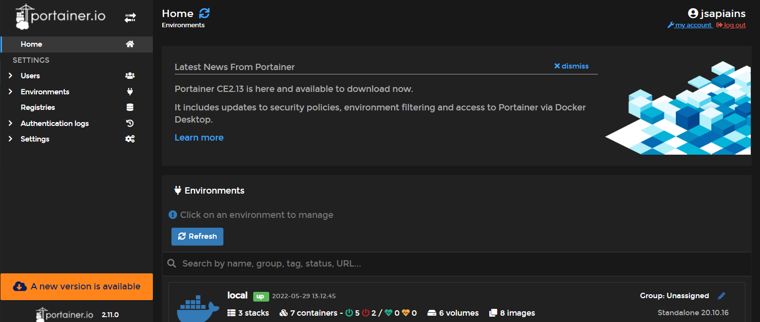 Portainer actualizacion pantalla