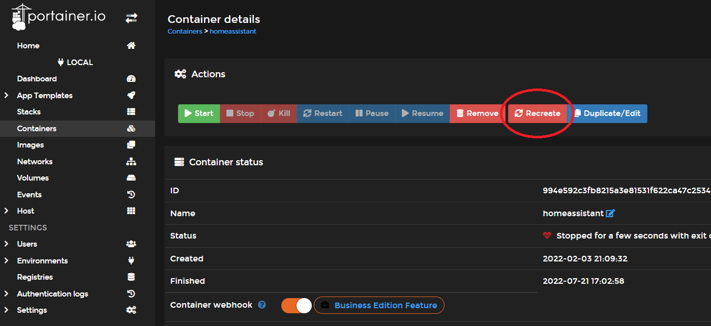 Actualizar un contendor Docker en Portainer paso 4