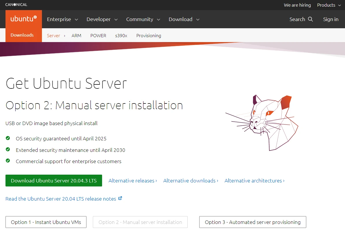 Página de descarga Ubuntu server